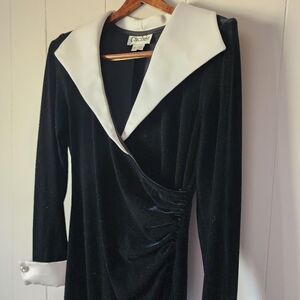 Vintage 90s Cachet Velvet Maxi Dress Black White Collar Cuffs Size 6 Small Retro